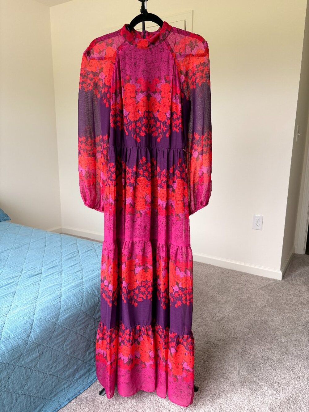 Maison Tara Floral Mesh Long Sleeve Tiered Maxi Dress 4